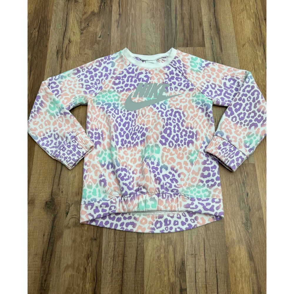 Nike Girls' Pastel Leopard Print Sweatshirt – Size 6 – 60% Cotton, 40% Polyester